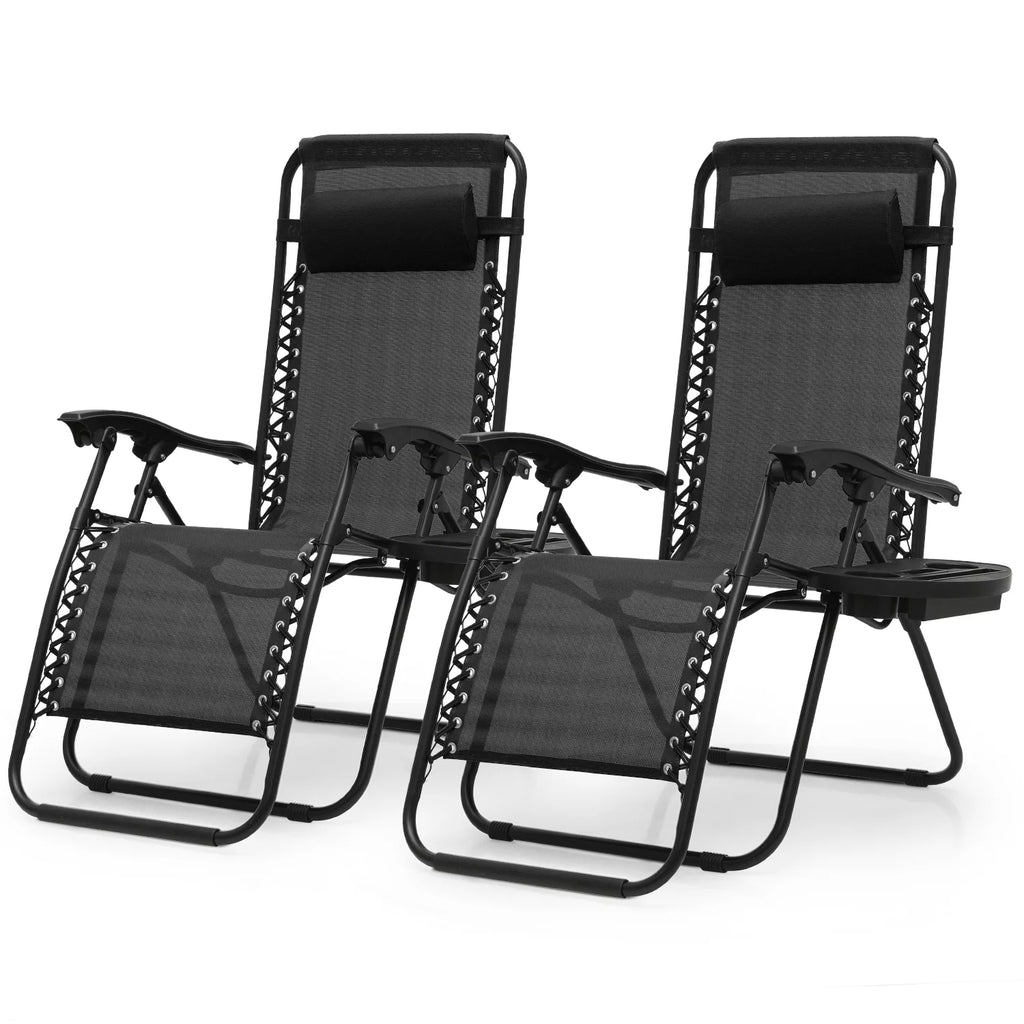 Set of 2 Black Folding Zero Gravity Chair with Pillow and Cup Holder F5755
