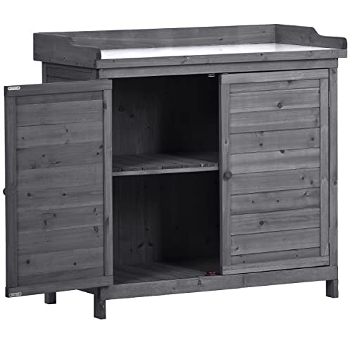 39" Grey Outdoor Wooden Storage Cabinet with Metal Tabletop O9953
