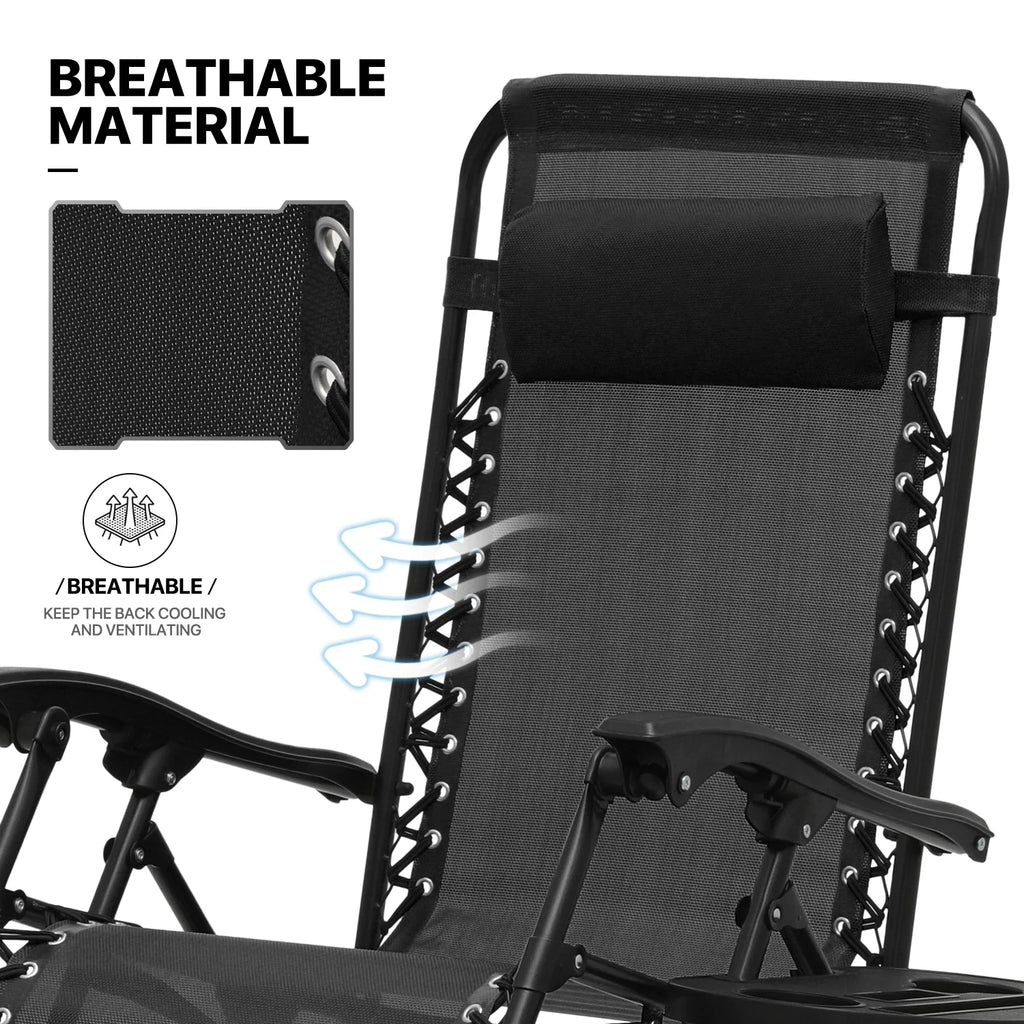 Set of 2 Black Folding Zero Gravity Chair with Pillow and Cup Holder F5755