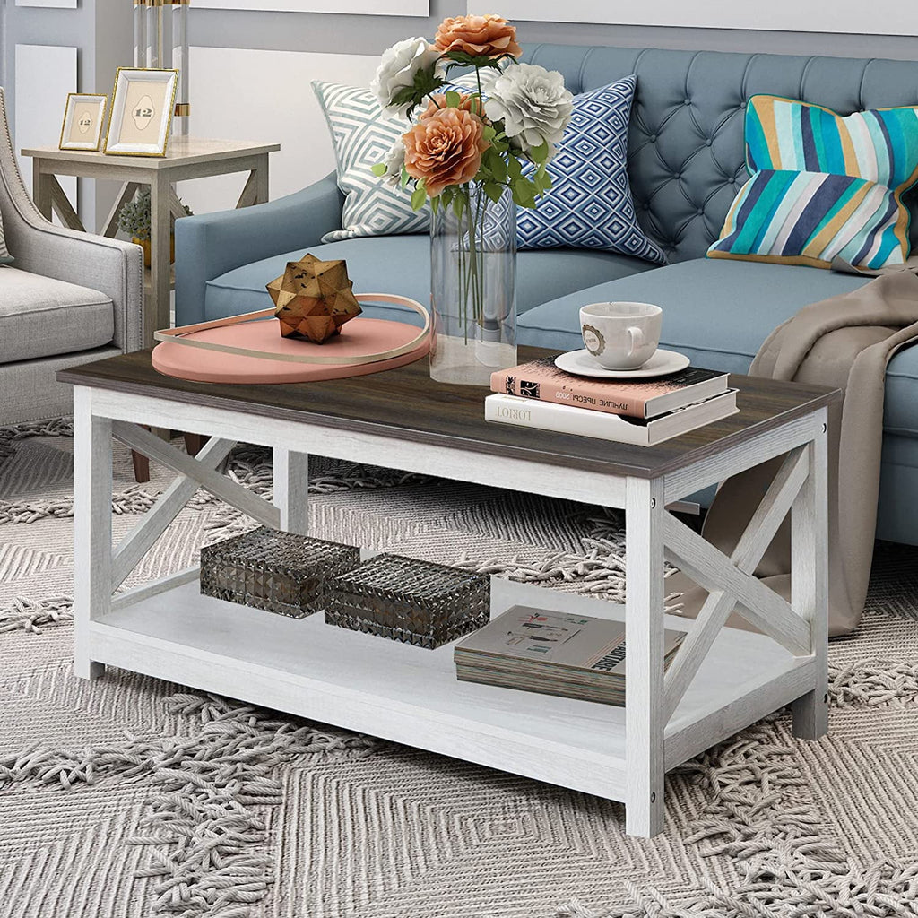Vintage White/Espresso 40 Inch 2-Tier Wood Coffee Table J23108