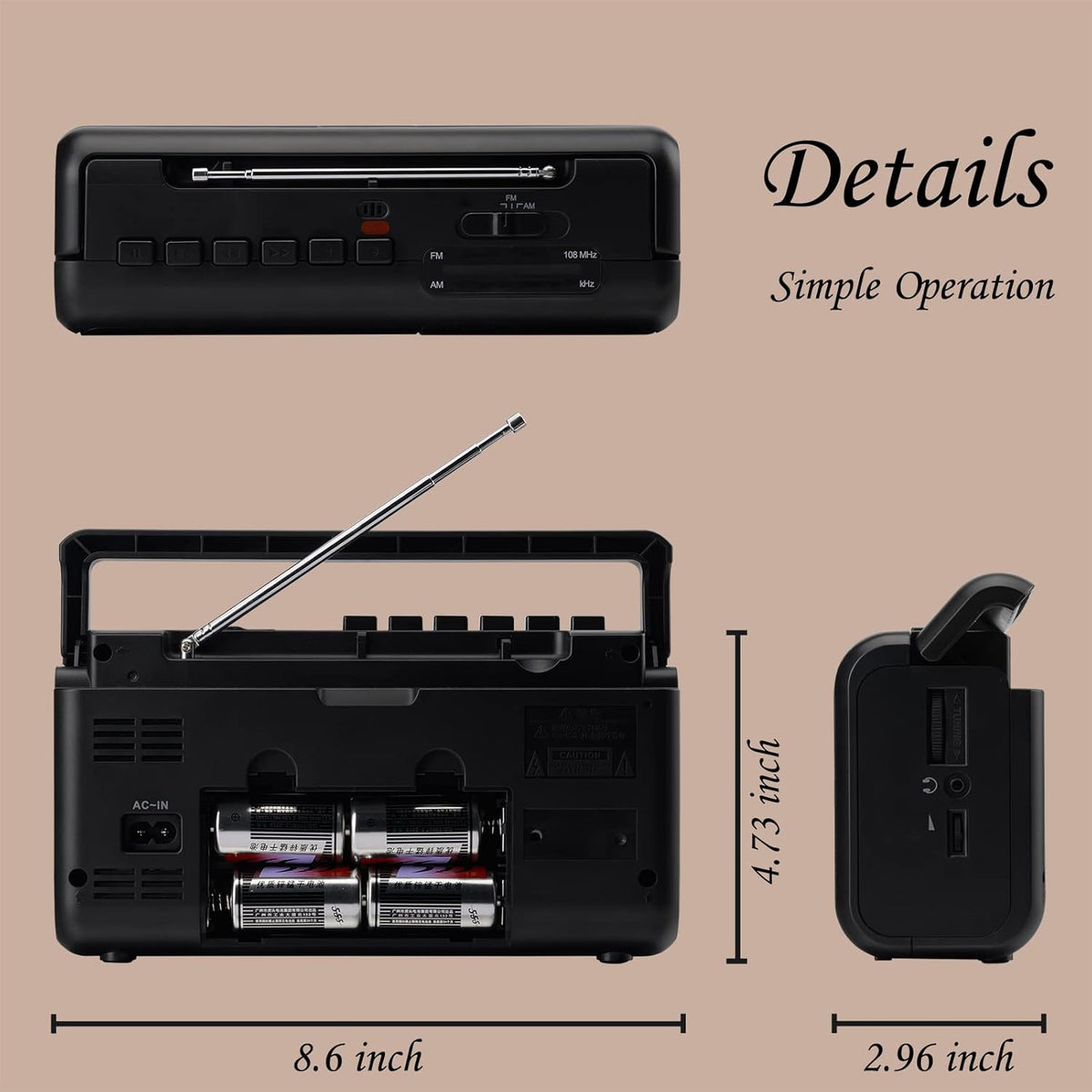Portable Cassette Player Boombox AM/FM Radio Stereo Tape Recorder T4868