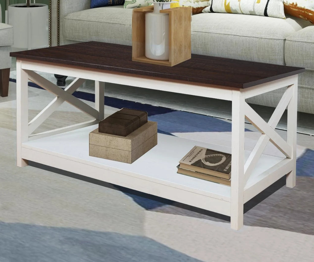 Vintage White/Espresso 40 Inch 2-Tier Wood Coffee Table J23108