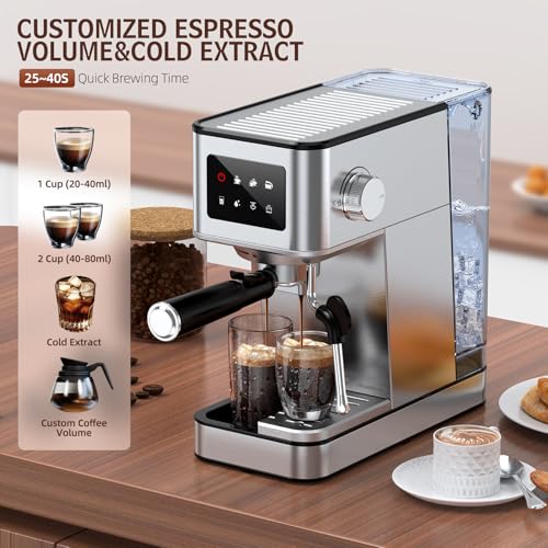 Silver Stainless Steel Espresso Machine with Milk Frother, 20 Bar, 57.5oz Water Tank D1395
