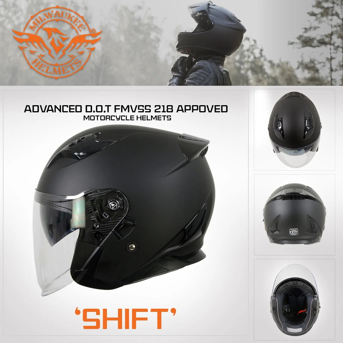 Matte Black Open Face 3/4 Helmet with Drop Down Tinted Visor I6818