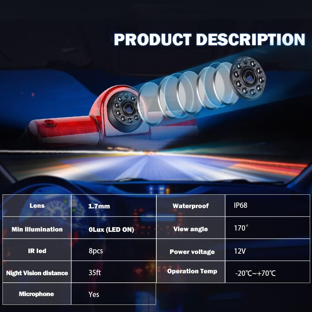 Rear View Backup Camera with Third Brake Light Waterproof Night Vision Reverse Camera Built-in Microphone Pack of 2 A3797