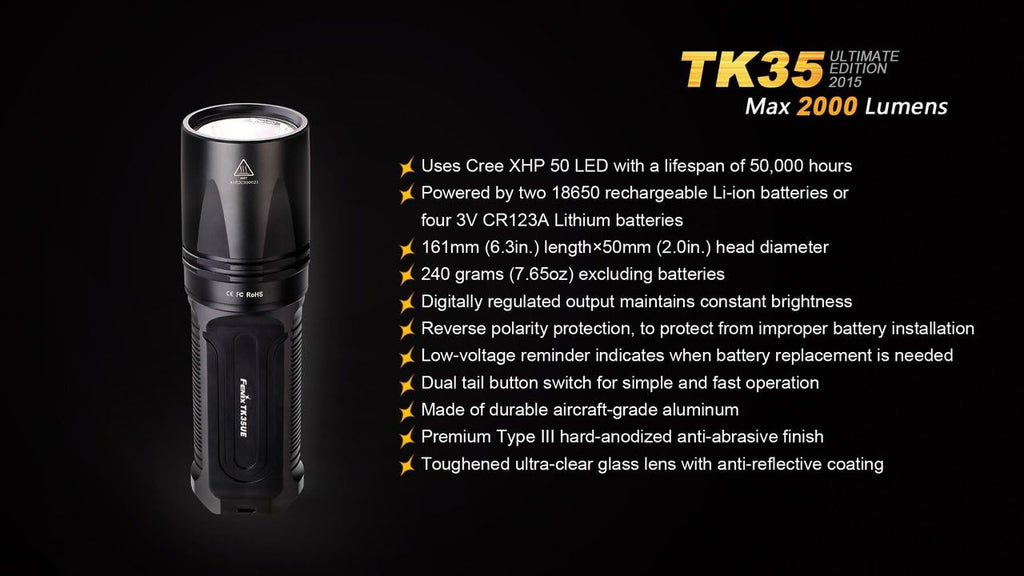 2000 Lumen CREE XHP 50 LED Tactical Flashlight with 2 x 2600mAh Li-ion rechargeable batteries, 4 x CR123A Lithium batteries, 18650 battery charger Q92010