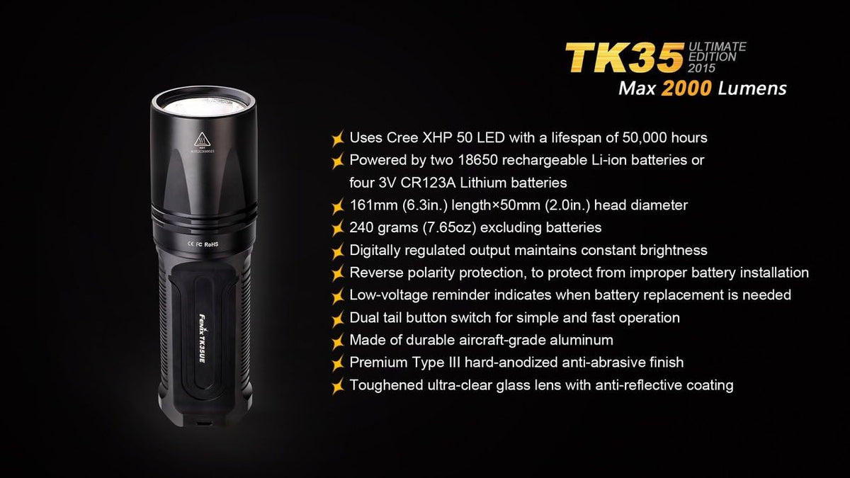 2000 Lumen CREE XHP 50 LED Tactical Flashlight with 2 x 2600mAh Li-ion rechargeable batteries, 4 x CR123A Lithium batteries, 18650 battery charger Q92010