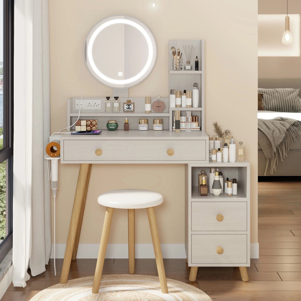 White Vanity Table with Lighted Mirror and Stool P9005