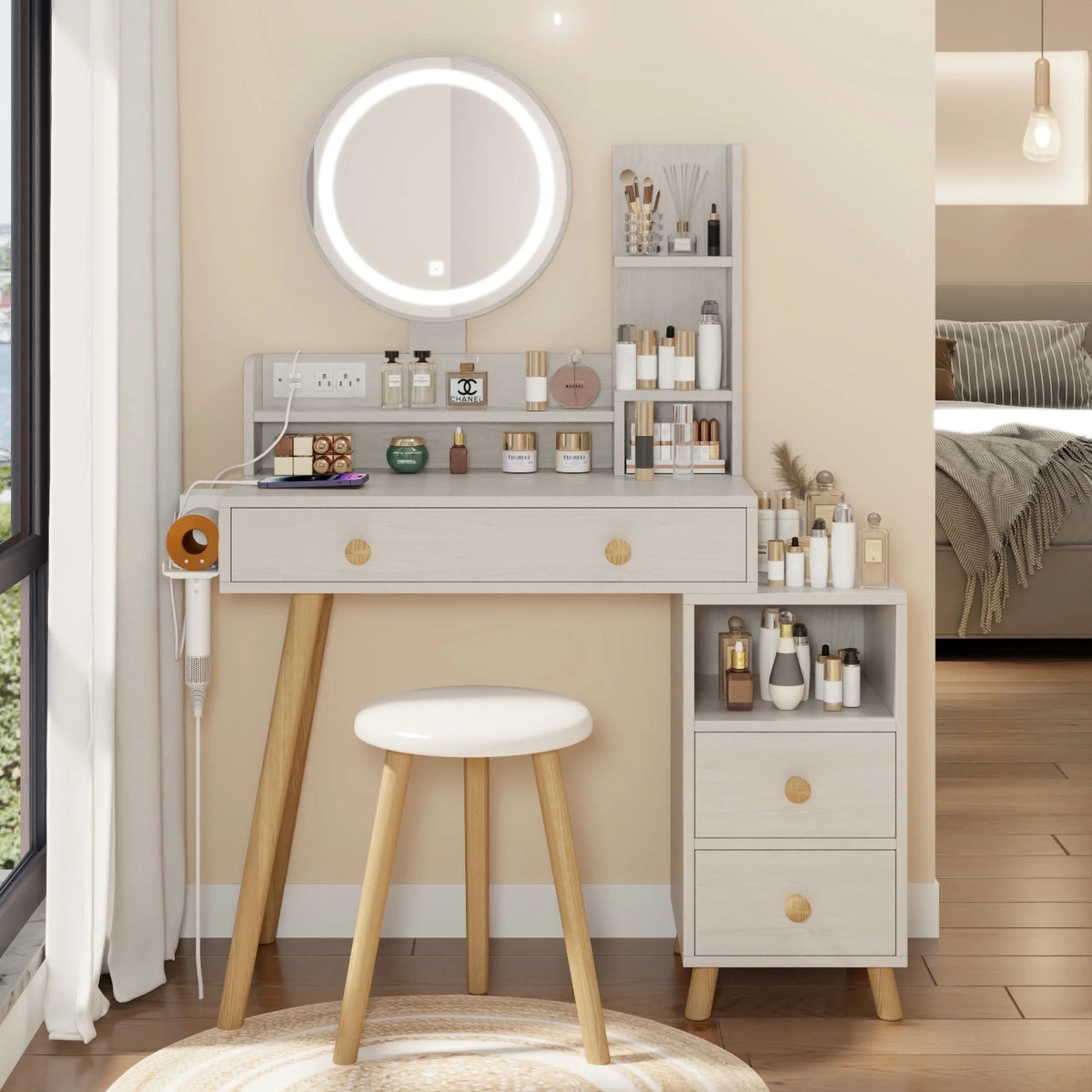 White Vanity Table with Lighted Mirror and Stool P9005