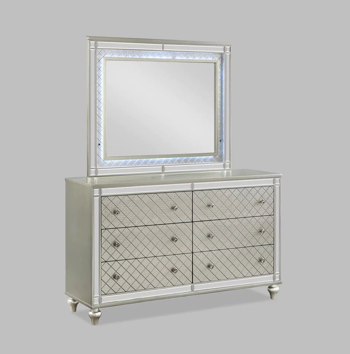 4pc King Size Upholstery LED Bed Dresser Mirror Nightstand Wooden Furniture Set K154890