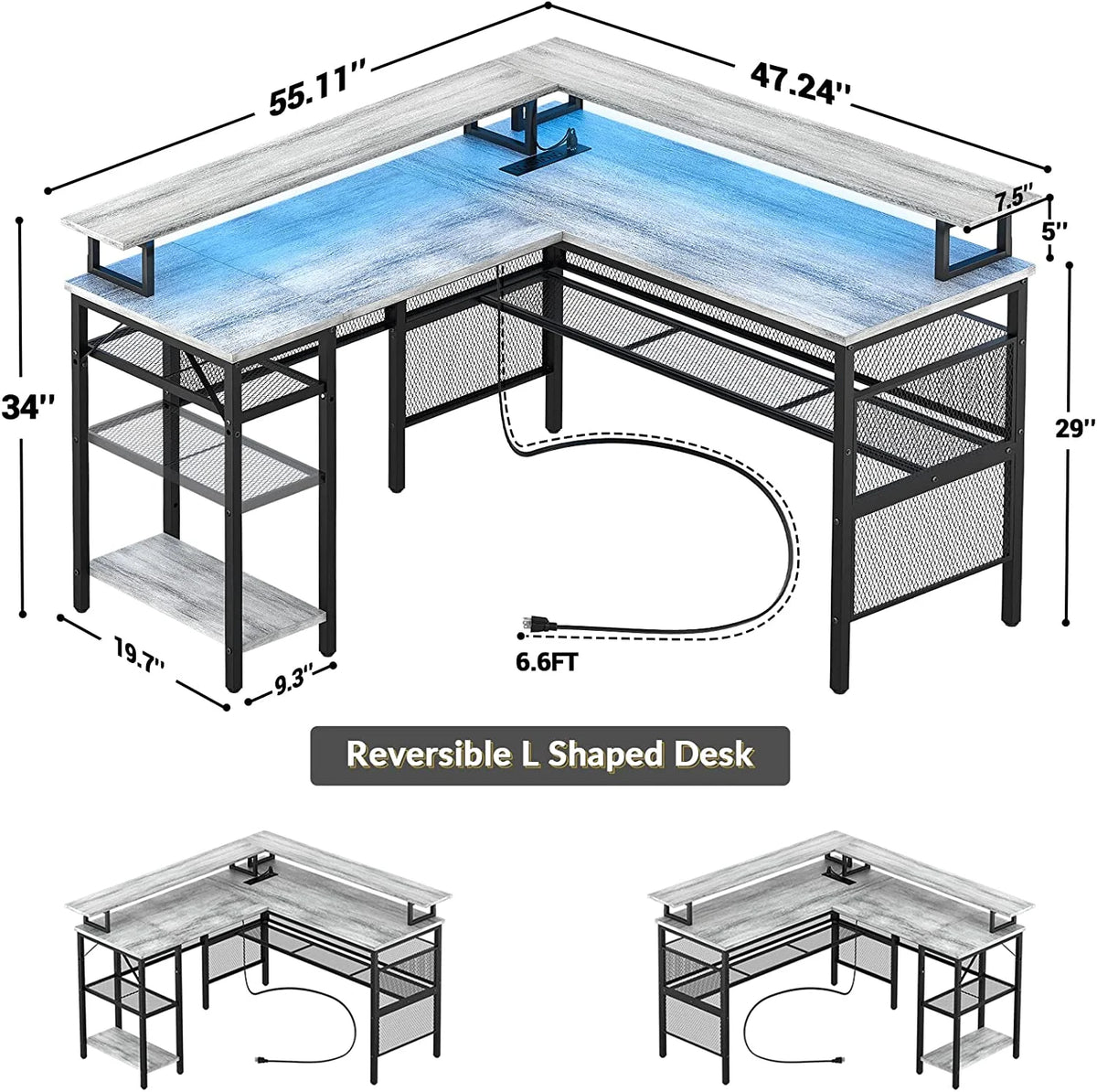 L Shaped Computer Desk with Power Outlet and LED Strip L9258