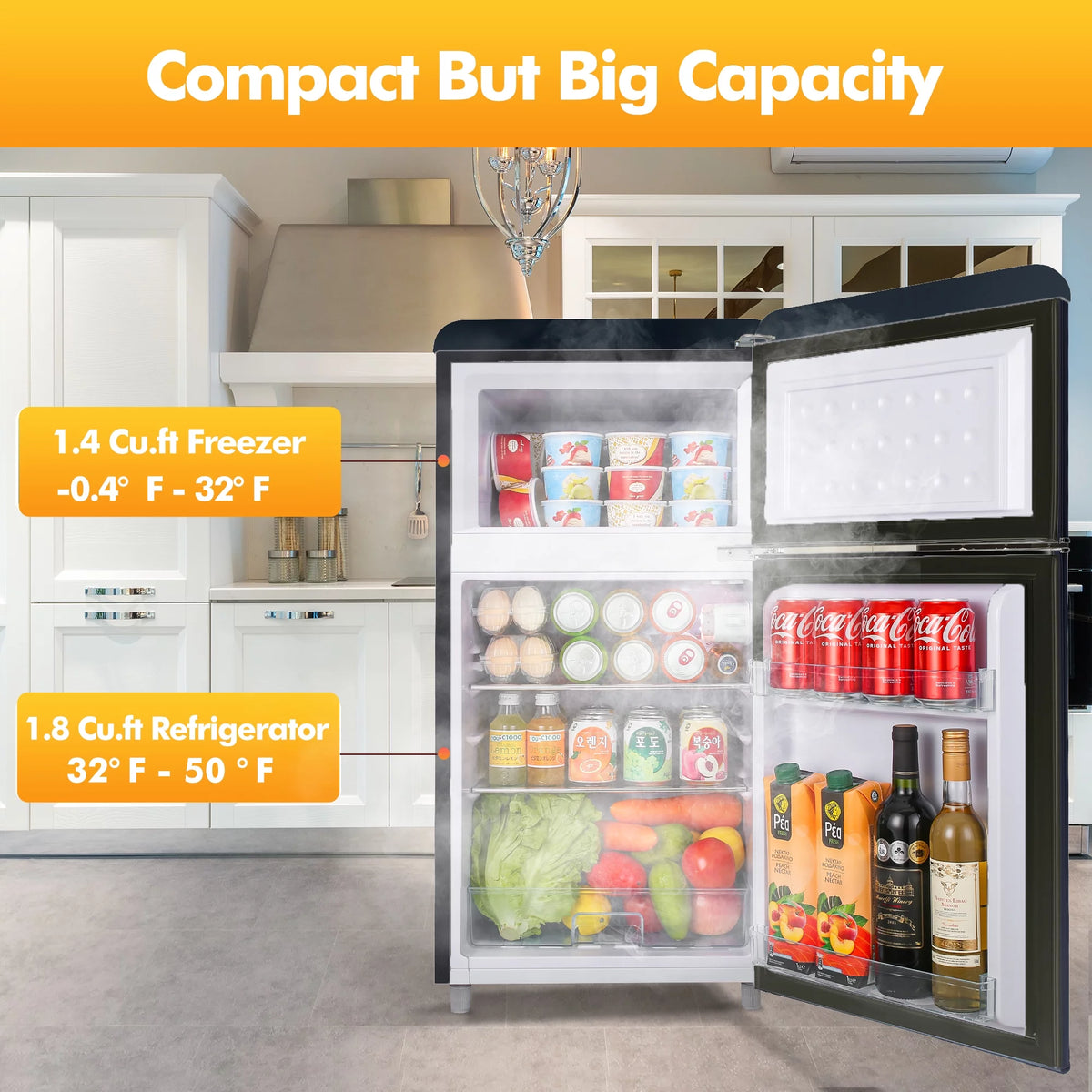 3.5 Cu Feet Two Door Mini Fridge with Freezer, Black O9300