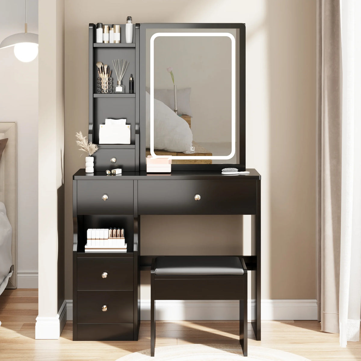 White Vanity Table with Lighted Mirror and Stool P9005