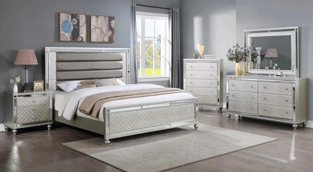 4pc King Size Upholstery LED Bed Dresser Mirror Nightstand Wooden Furniture Set K154890