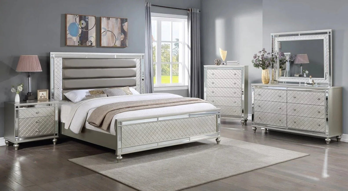4pc King Size Upholstery LED Bed Dresser Mirror Nightstand Wooden Furniture Set K154890