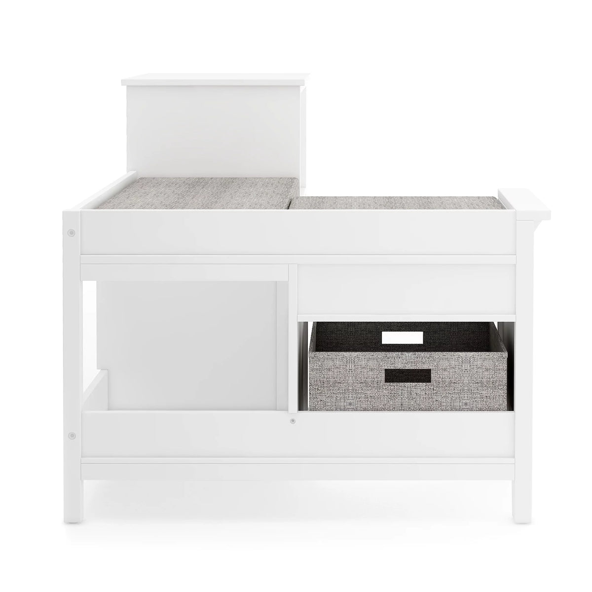 White Wooden Storage Bookcase with Seat Cushion and Fabric Bins A360