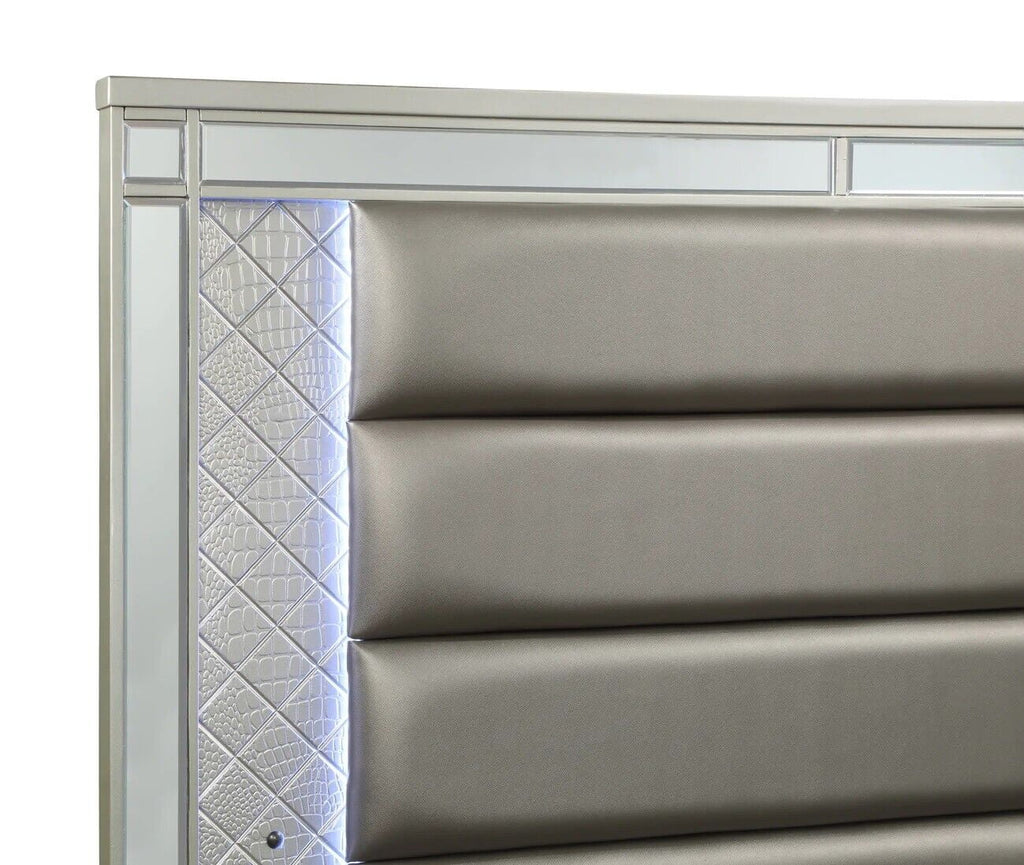 4pc King Size Upholstery LED Bed Dresser Mirror Nightstand Wooden Furniture Set K154890