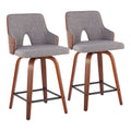 24" Counter Stool With Swivel In Walnut And Light Grey Fabric - Set Of 2 D29275