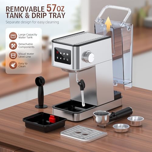 Silver Stainless Steel Espresso Machine with Milk Frother, 20 Bar, 57.5oz Water Tank D1395