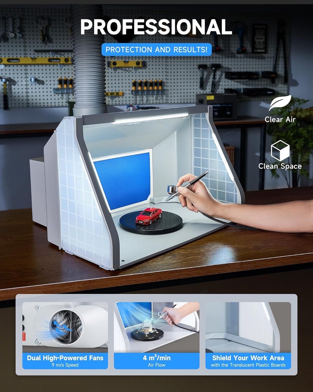 Portable Airbrush Spray Booth With Dual Fans, 3 LED Lights And Exhaust Hose I342882