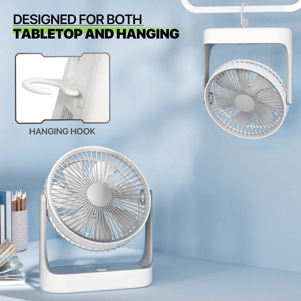 USB Desktop Fan, Rechargeable Wall Mounted Hanging Fan with LED Light, White E403025