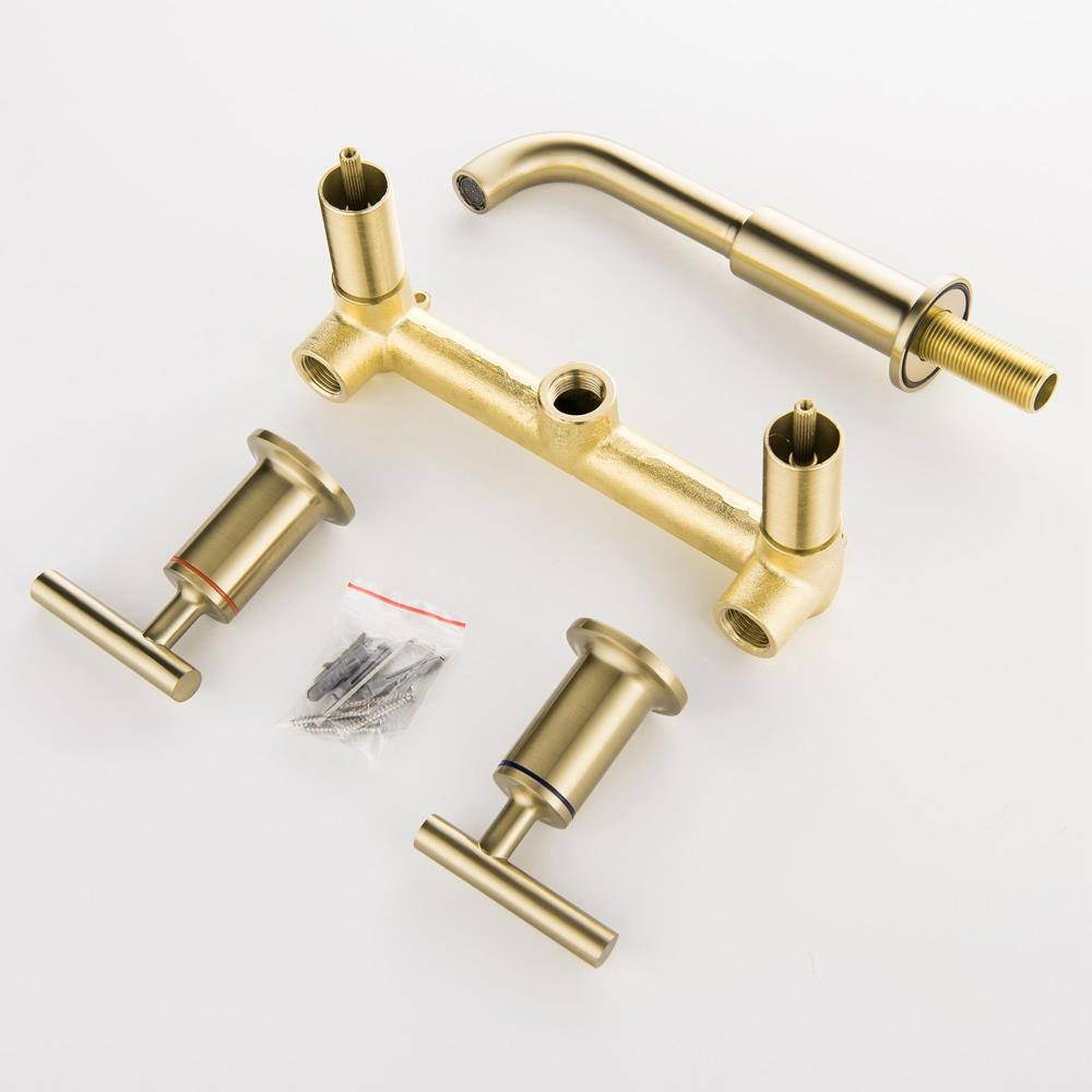 Brushed Gold 2-Handle Wall-Mount Bathroom Sink Faucet L457