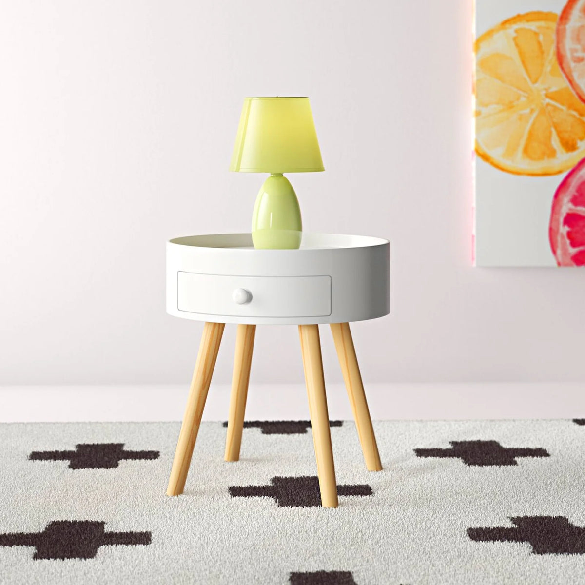Modern Coffee Table with Drawer, Wood Legs, White, 18" H F15856