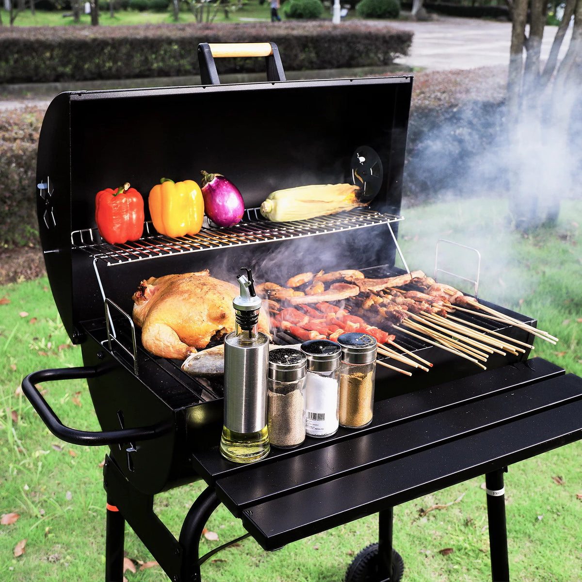 Portable Barrel Charcoal BBQ Grill with Front Shelf C363472