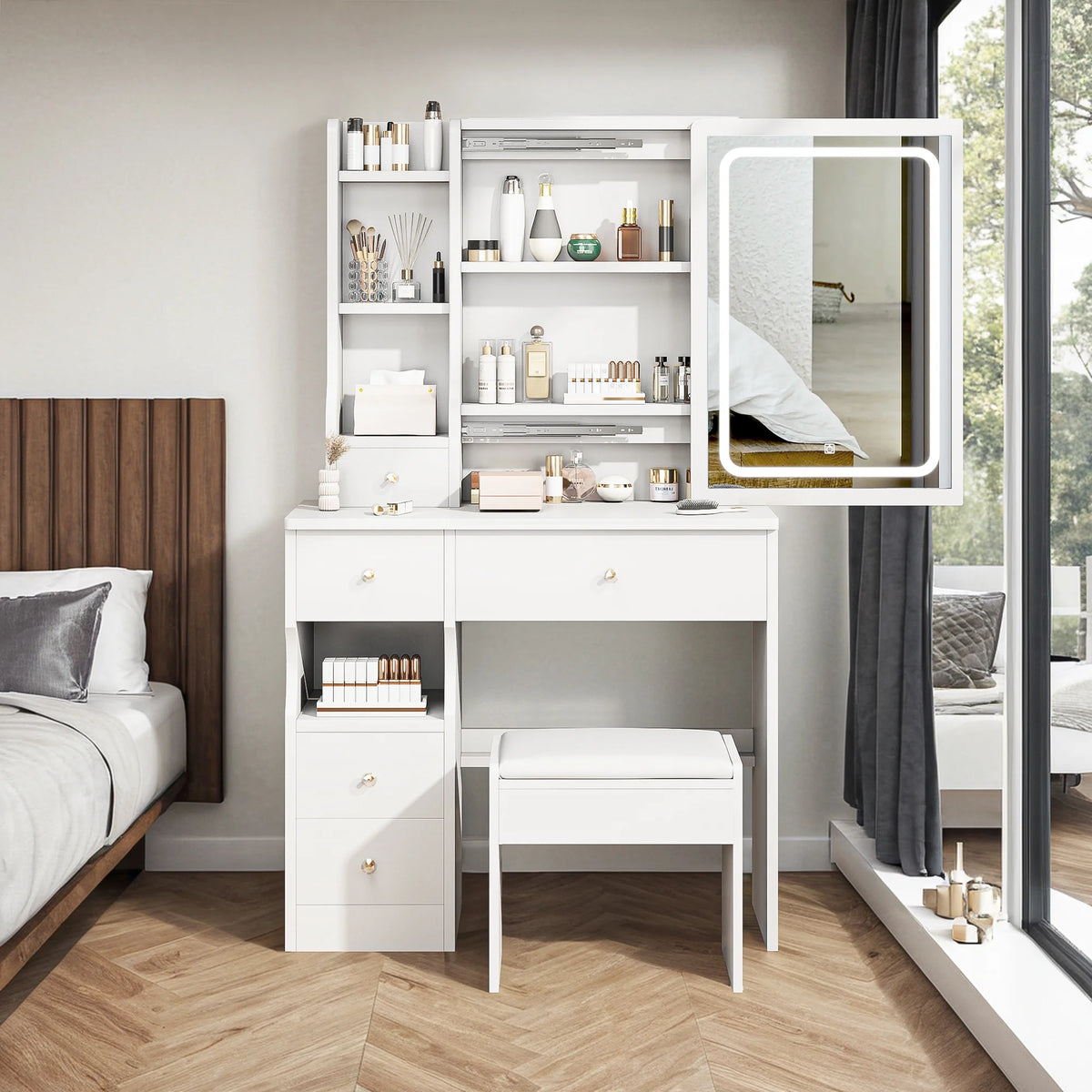 White Vanity Table with Lighted Mirror and Stool P9005