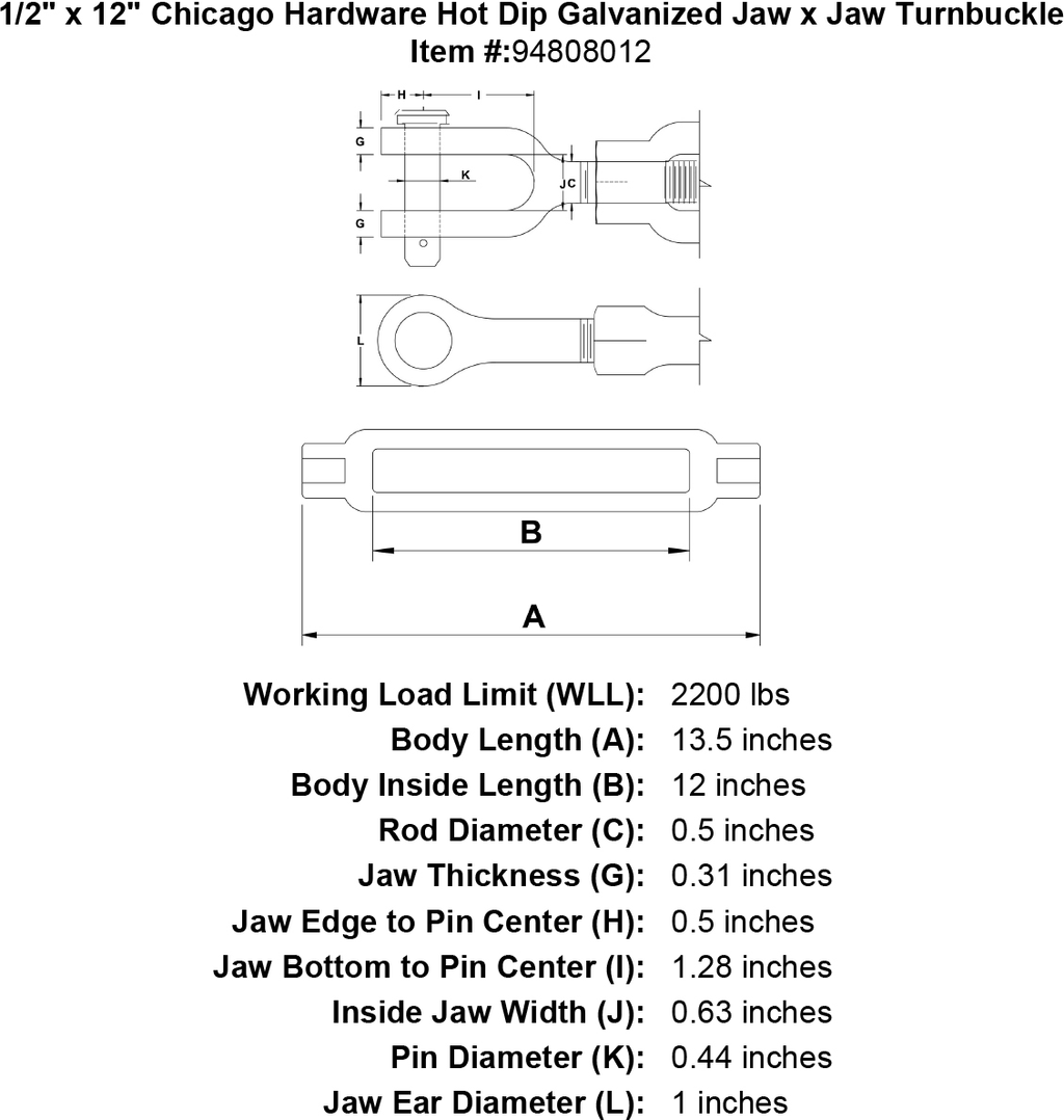 1/2 x 12 Hot Dip Galvanized Jaw x Jaw Turnbuckle L785