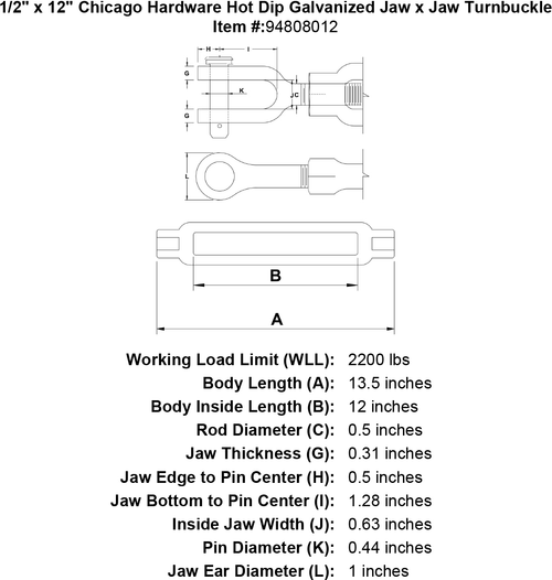 1/2 x 12 Hot Dip Galvanized Jaw x Jaw Turnbuckle L785