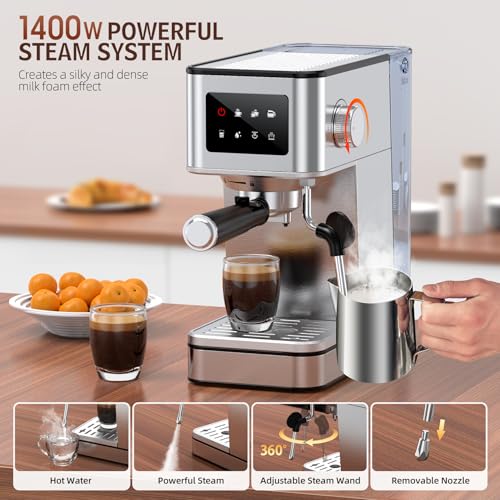 Silver Stainless Steel Espresso Machine with Milk Frother, 20 Bar, 57.5oz Water Tank D1395