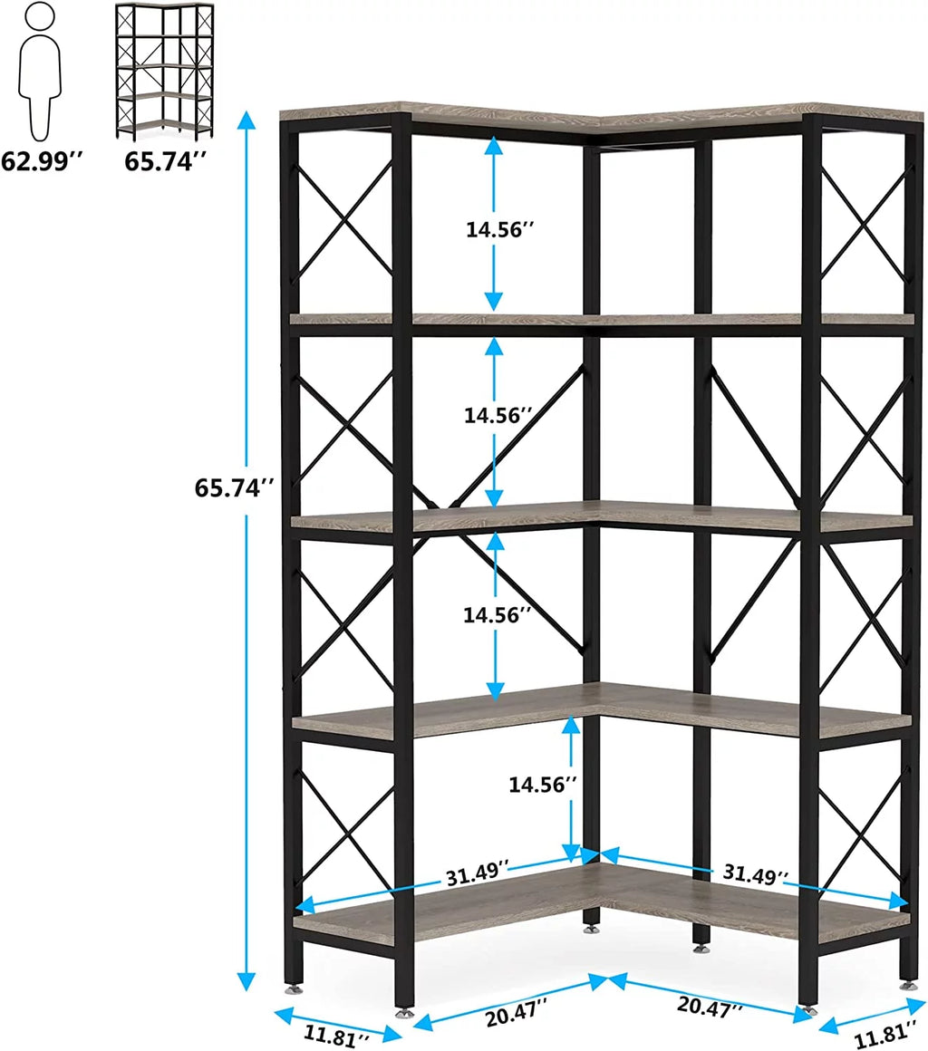 5-Shelf Corner Bookshelf with Metal Frame T592