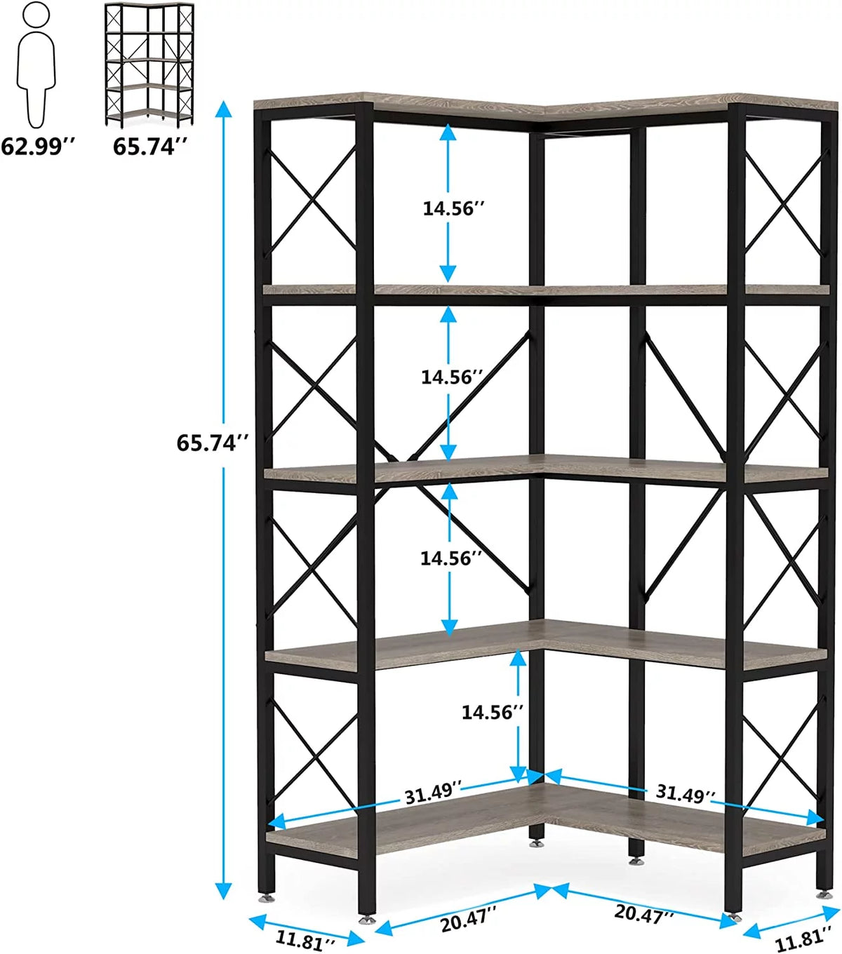 5-Shelf Corner Bookshelf with Metal Frame T592