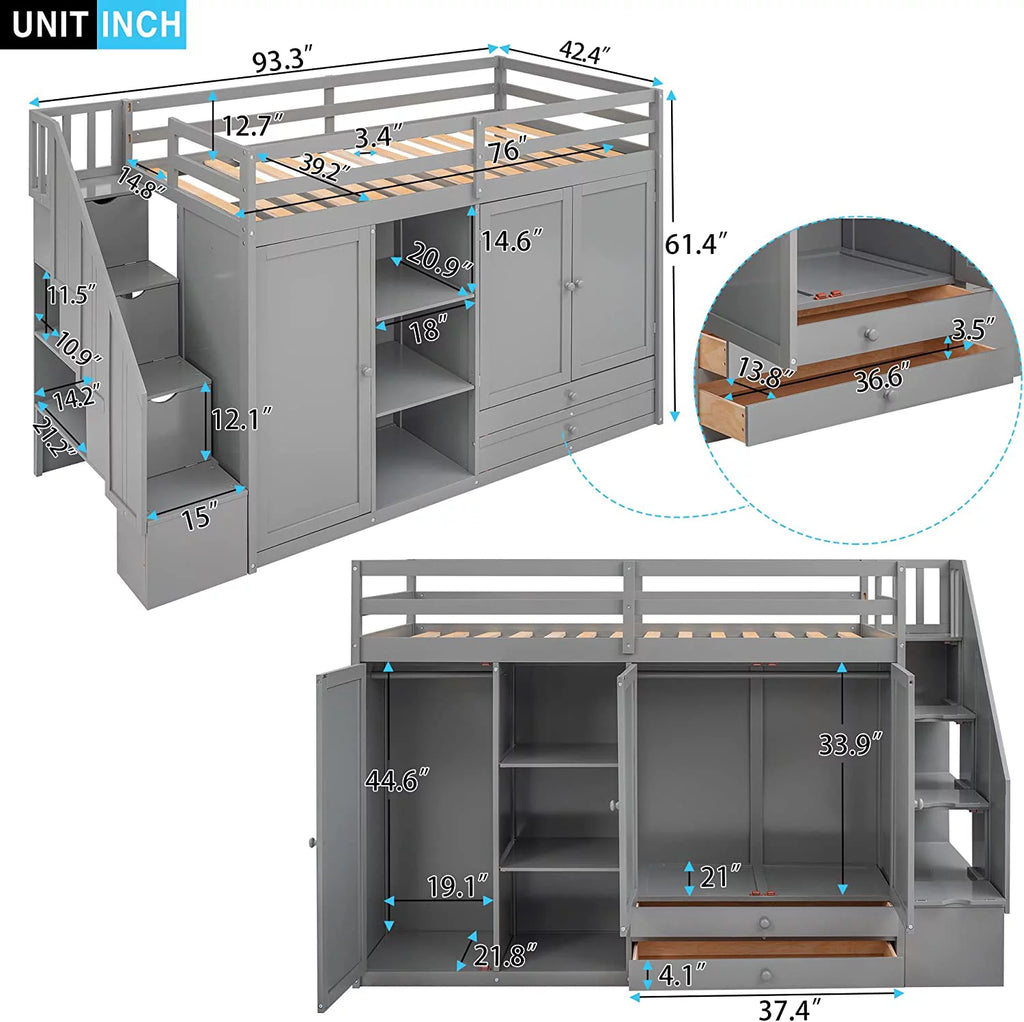 Solid Wood Loft Bed with Stairs, 2 Wardrobes, 3 Shelves and 2 Drawers, Gray K860