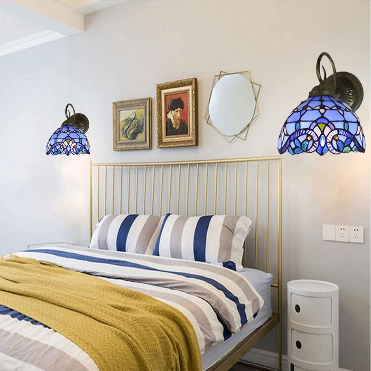 Set of Two Hand-Made Stained Glass Wall Sconce Light Fixtures, Blue B56086