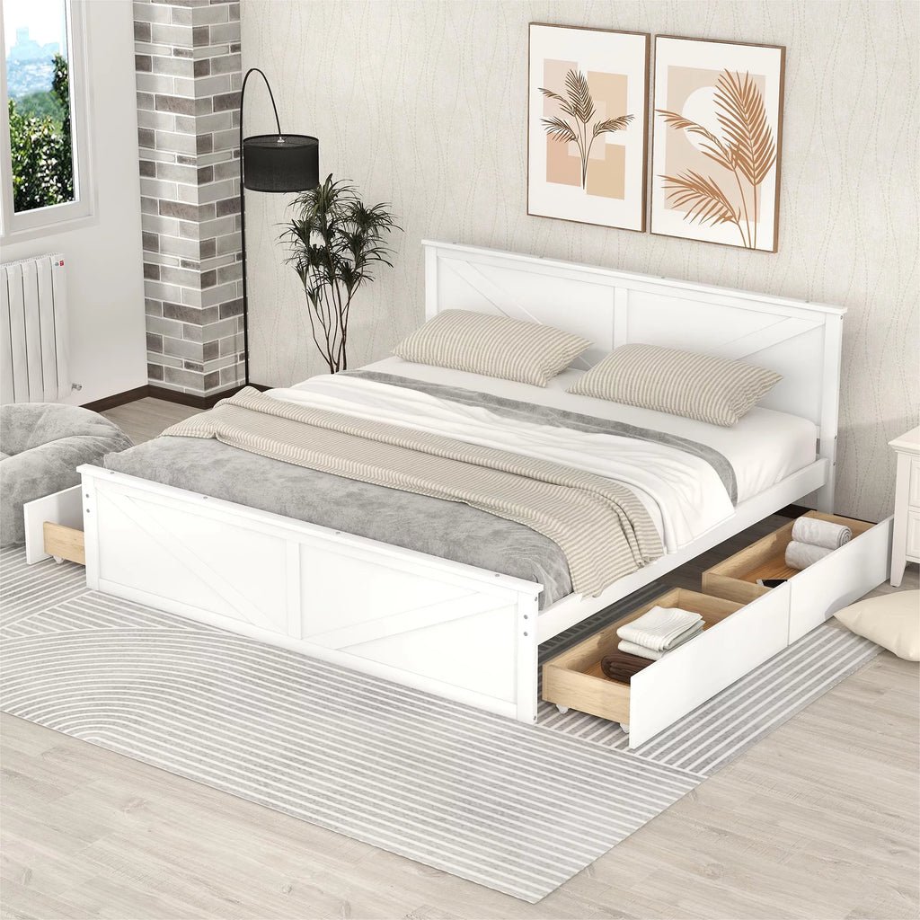 King Size White Wooden Platform Bed with Storage Drawers F23828