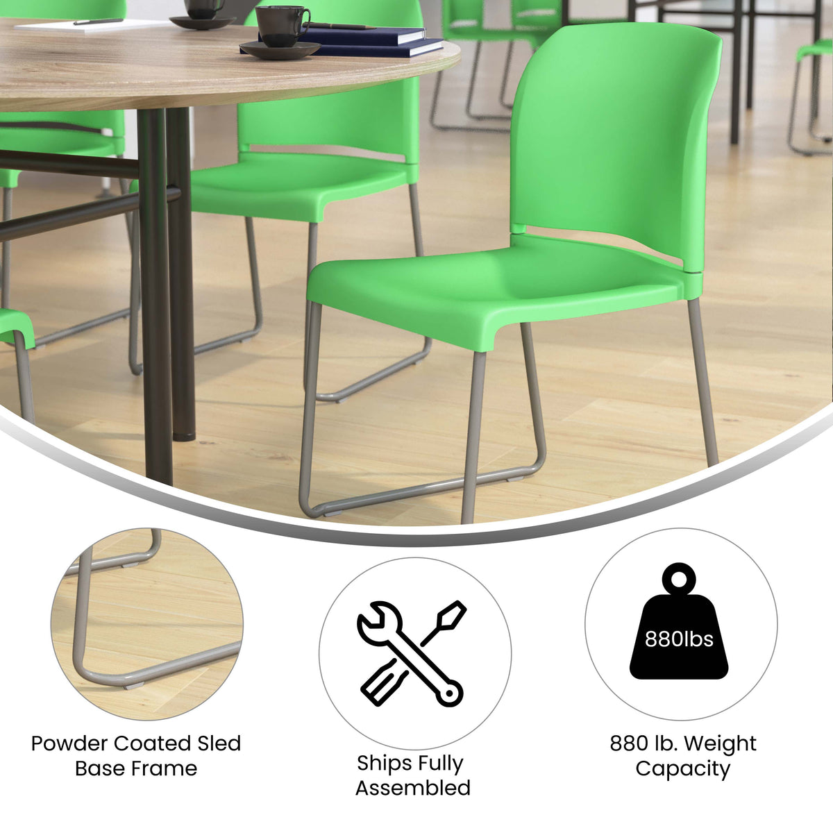 Green Full Back Contoured Stack Chair with Gray Sled Base L844368