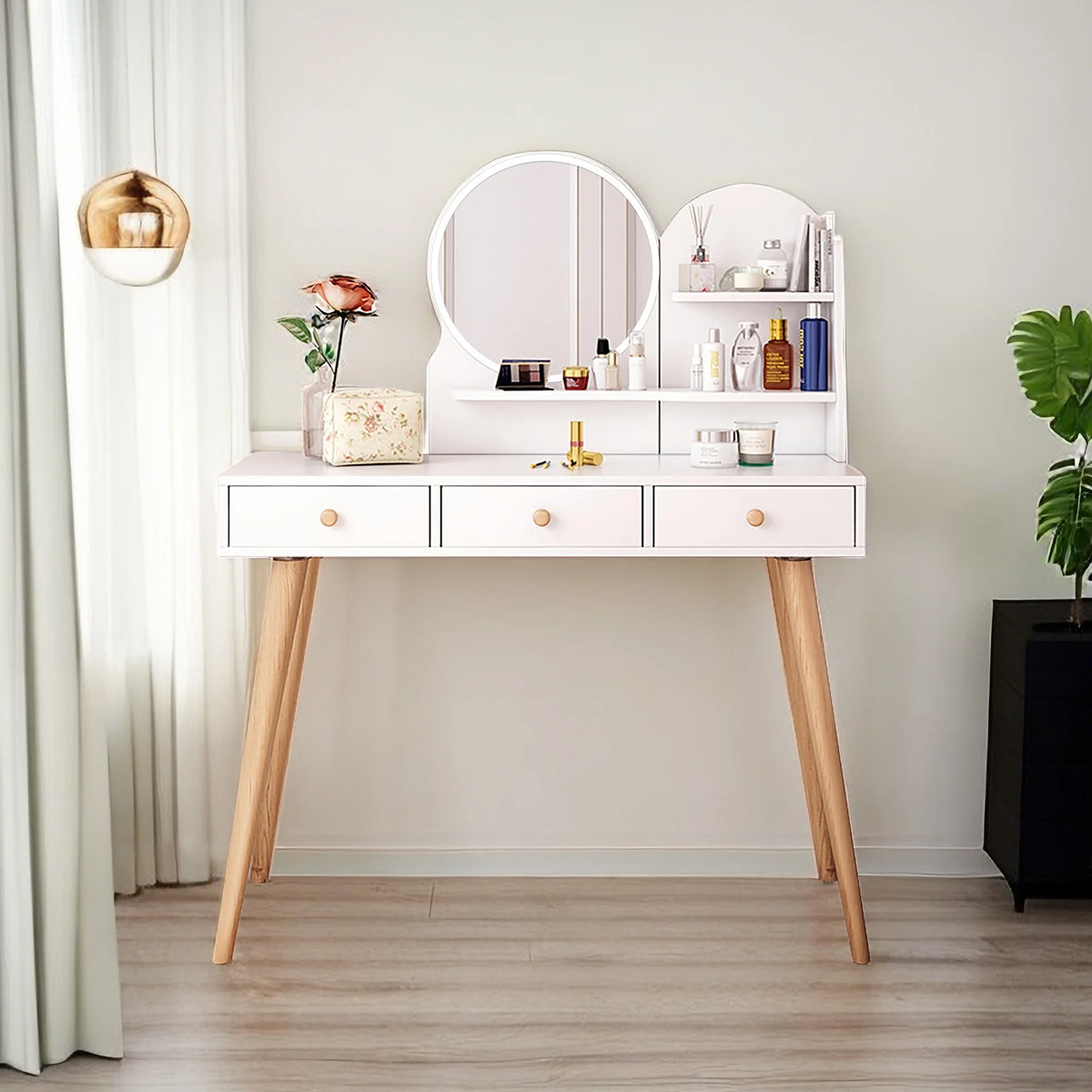 White Vanity Desk with Mirror and Lights, 3 Drawers D285