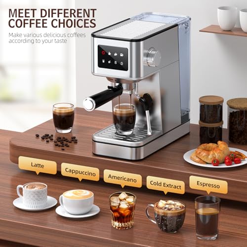Silver Stainless Steel Espresso Machine with Milk Frother, 20 Bar, 57.5oz Water Tank D1395