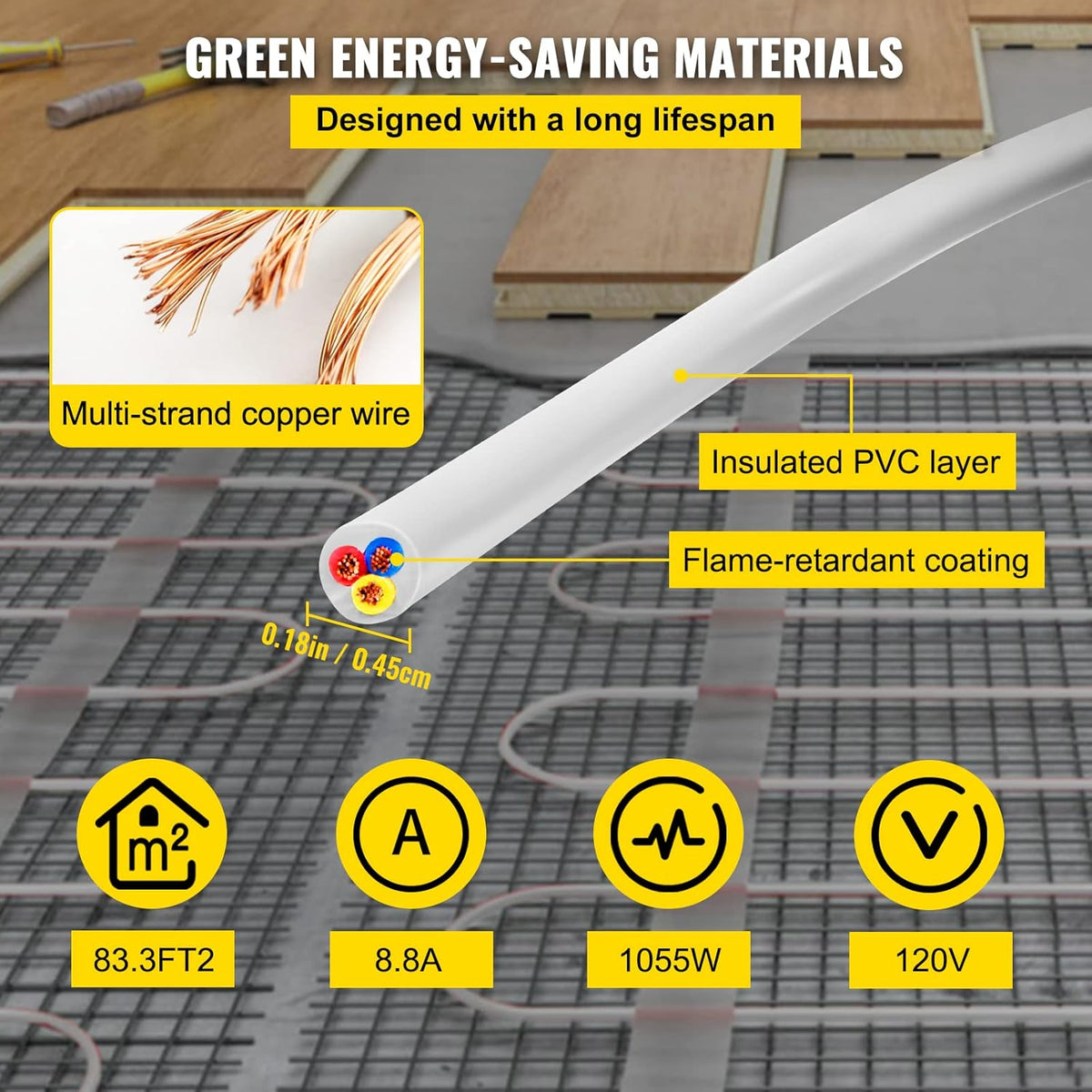 Floor Heating Cable 83.3 Square Feet Waterproof Insulated with Temperature Control Panel A660304