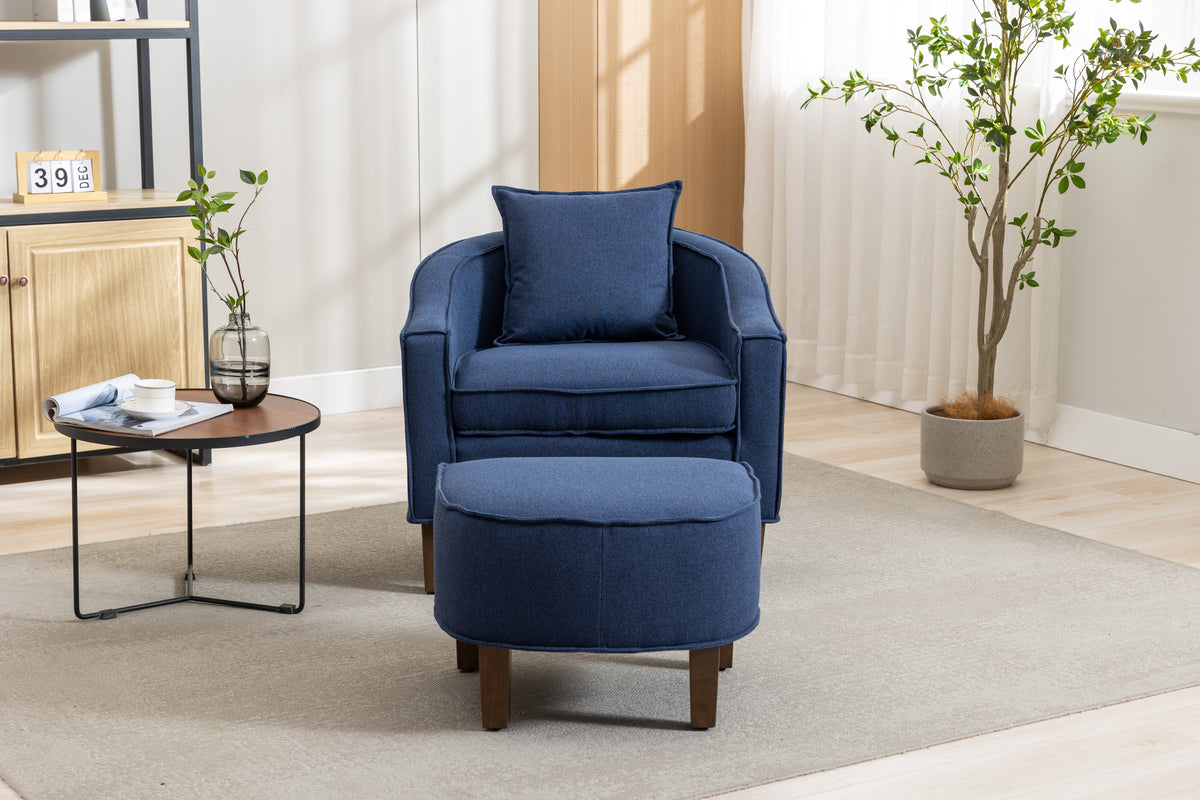 Navy Linen Accent Chair with Ottoman and Wood Legs G31988