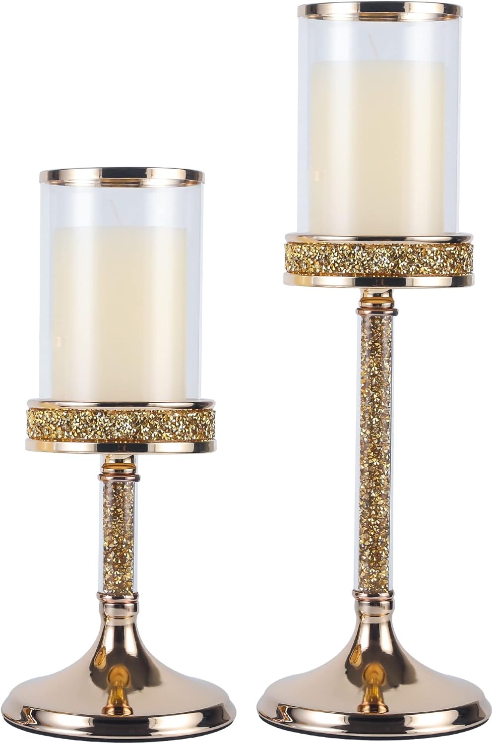 Gold Metal Candle Holders with Glass Hurricane Lid, 2 PCS A61790