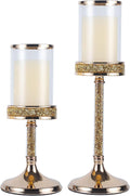 Gold Metal Candle Holders with Glass Hurricane Lid, 2 PCS A61790