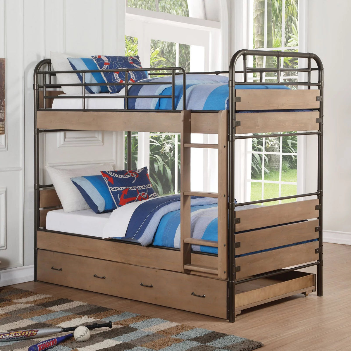 Twin Over Twin Bunk Bed with Trundle P9366