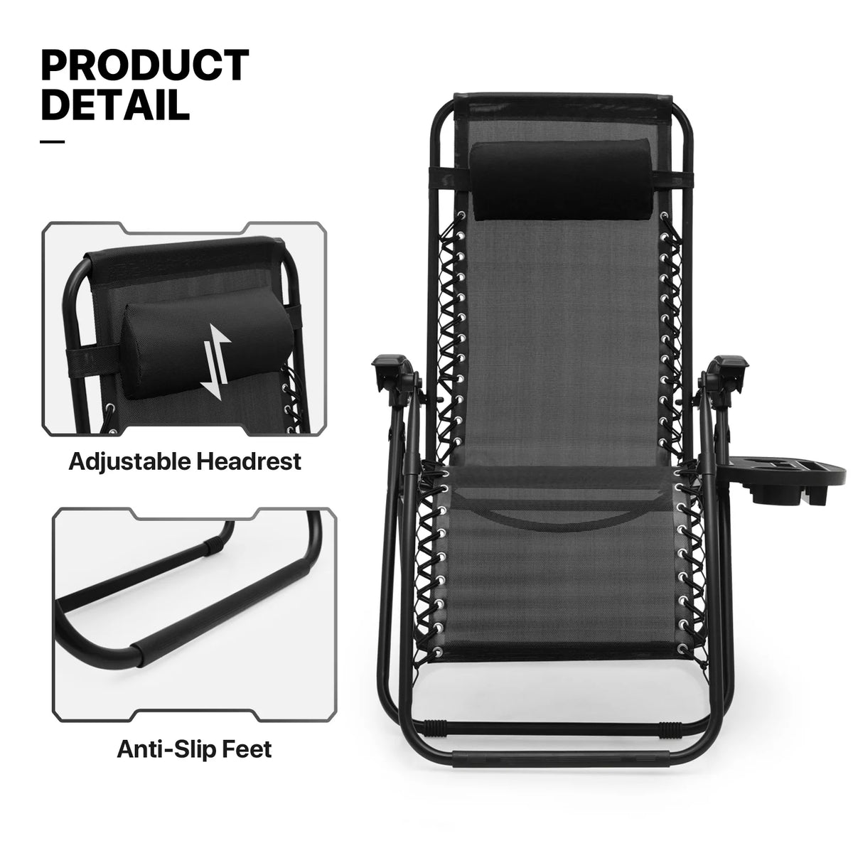 Set of 2 Black Folding Zero Gravity Chair with Pillow and Cup Holder F5755