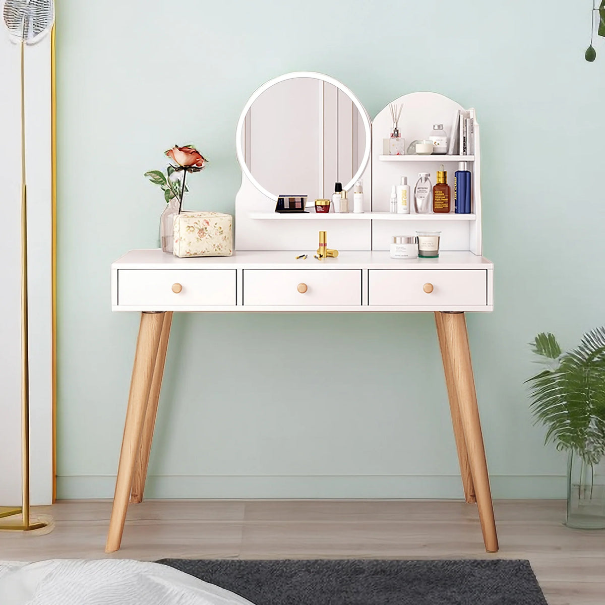 White Vanity Desk with Mirror and Lights, 3 Drawers D285