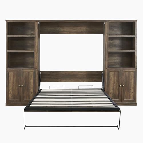 Queen Size Wall Murphy Bed with 2 Side Cabinet Storage Shelf and Built-in USB Ports J921340