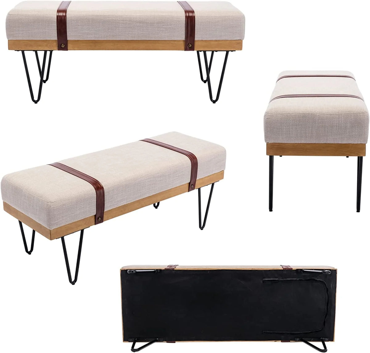 Beige Linen Rectangle Ottoman Bench with Metal Legs S653117