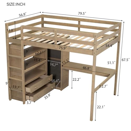 White Full Size Wood Loft Bed with Desk and Wardrobe E450